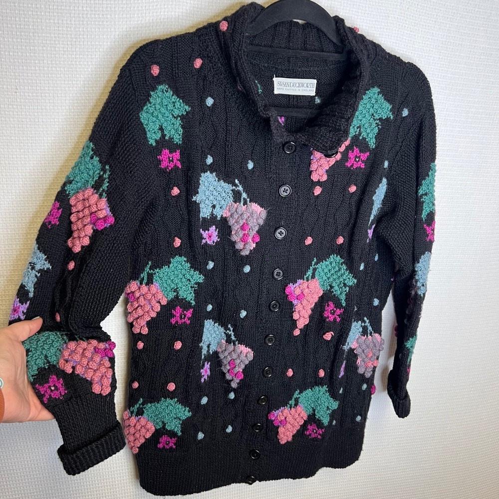 Susan Duckworth Hand Knitted England Grape Cardigan Sweater Black Wool Vintage